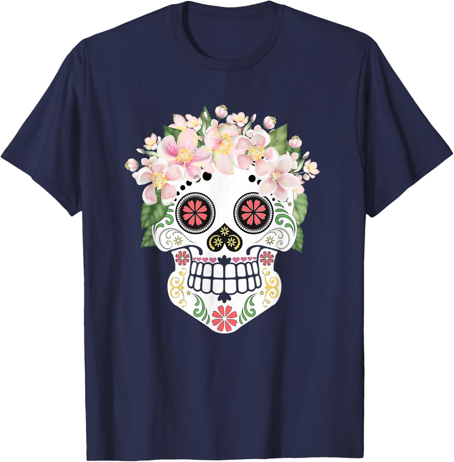 Beautiful Sugar Skull with Apple Blossom Flowers Day of Dead T-Shirt - T-Shirt | Navy