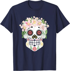 Beautiful Sugar Skull with Apple Blossom Flowers Day of Dead T-Shirt - T-Shirt | Navy