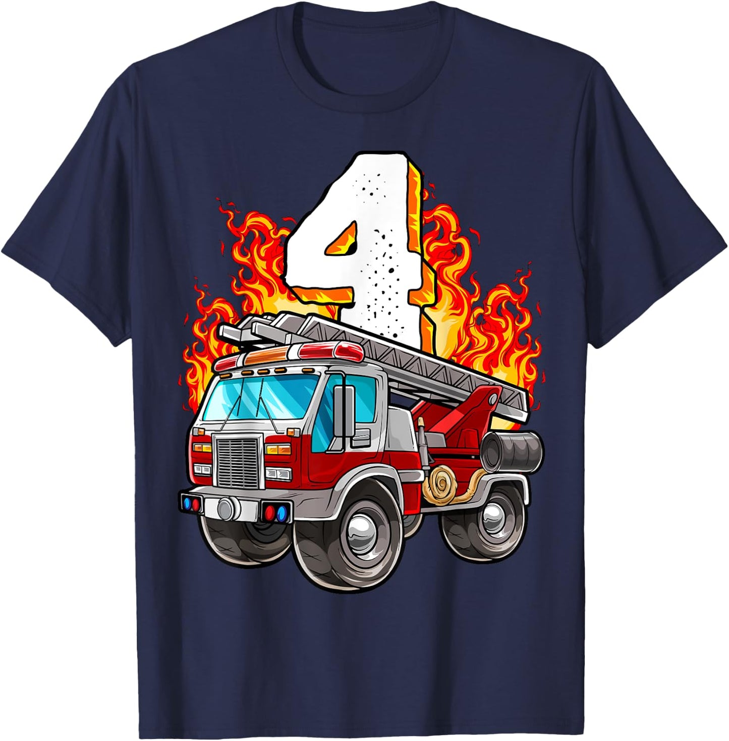 Firefighter 4th Birthday Fireman and Firetruck Birthday Boys T-Shirt - T-Shirt | Navy