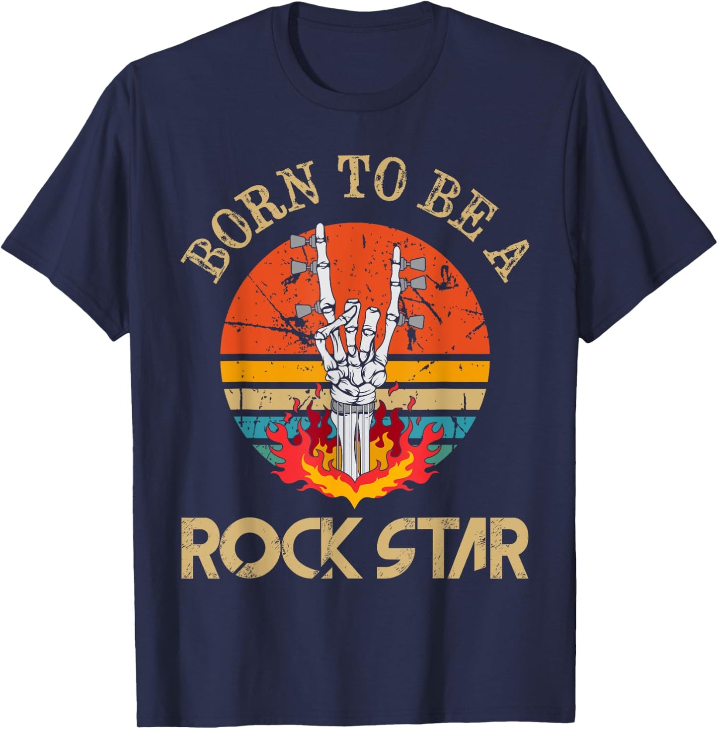 Born To Be Rock Star Heavy Metal Hand Horns Vintage Retro T-Shirt - T-Shirt | Navy