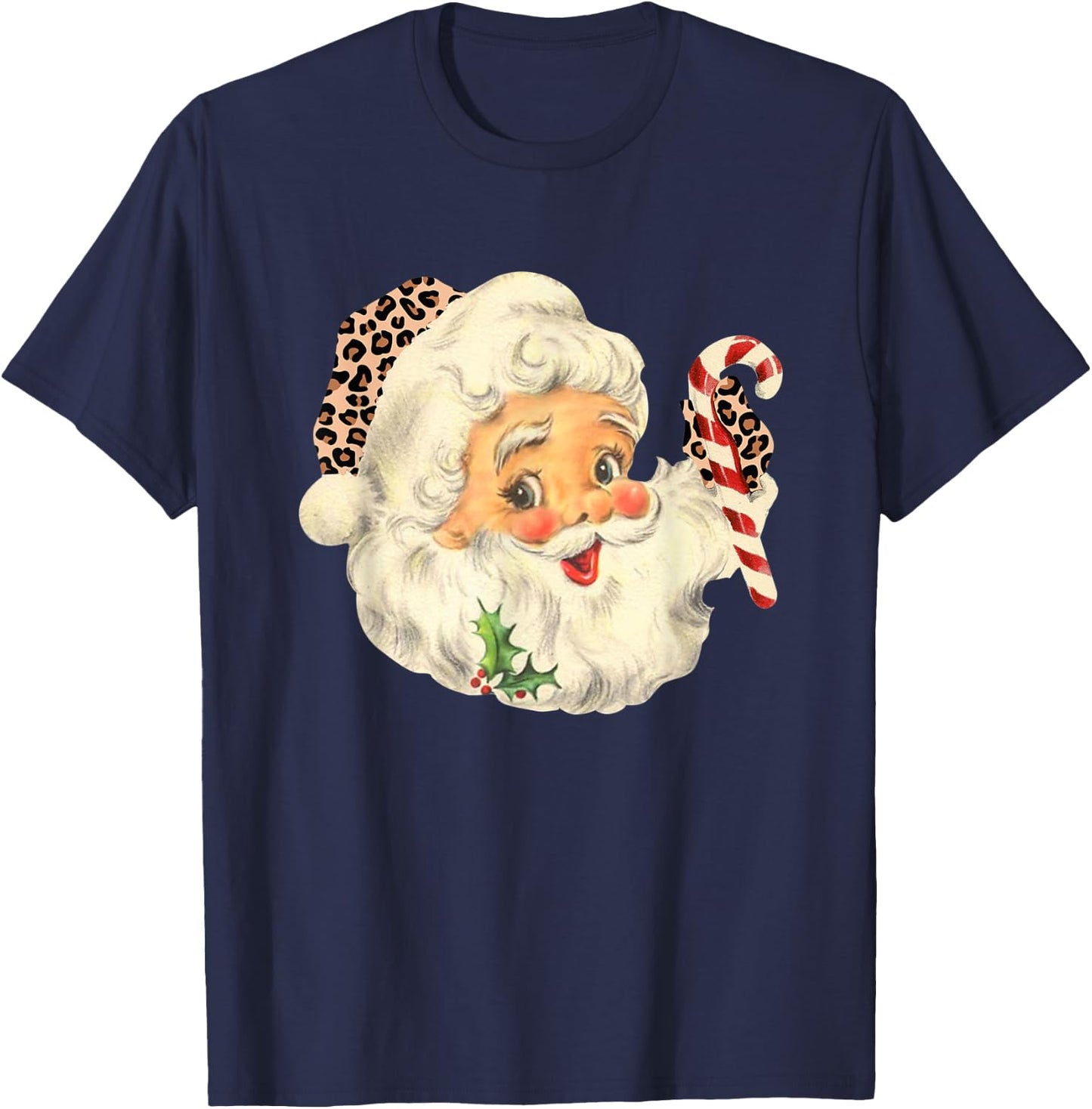 Funny Santa Claus face Vintage Leopard Santa Christmas T-Shirt - T-Shirt | Navy