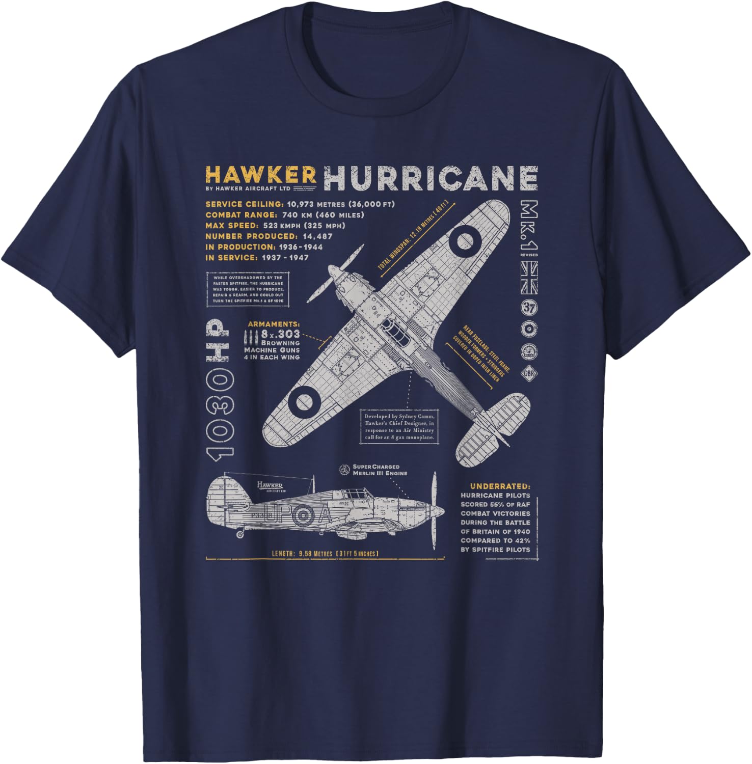 Hawker Hurricane | Battle of Britain WWII RAF Fighter Plane T-Shirt - T-Shirt | Navy