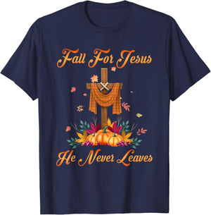 Fall For Jesus He Never Leaves Christian Faith Cross Pumpkin T-Shirt - T-Shirt | Navy