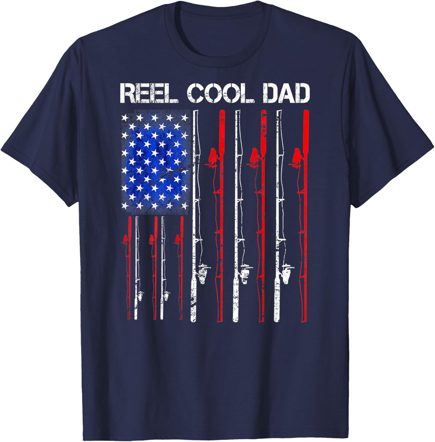 Reel Cool Dad Fishing USA Flag Patriotic 4th Of July On Back Men T-Shirt - T-Shirt | Navy