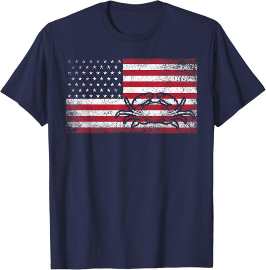 Crab Fisherman American Flag 4th of July Men Dad Gift T-Shirt - T-Shirt | Navy