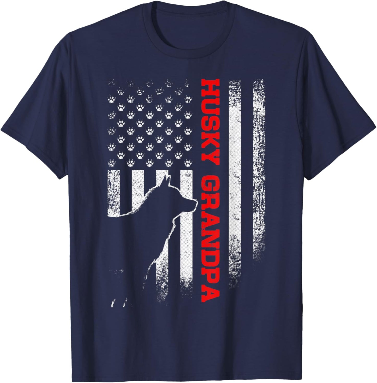 Vintage USA American Flag Siberian Husky Grandpa Silhouette T-Shirt - T-Shirt | Navy