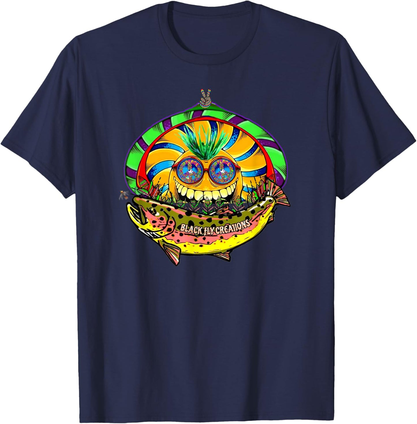 Black Fly "Hippie Trout" Retro 60s Fly Fishing Tenkara Peace T-Shirt - T-Shirt | Navy