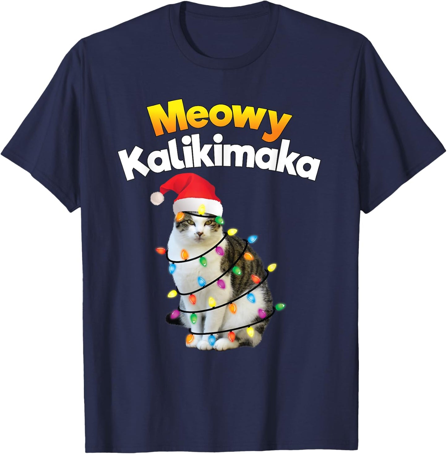 Mele Kalikimaka Shirt Hawaiian Merry Christmas Cat Lights Women Kids T-Shirt - T-Shirt | Navy