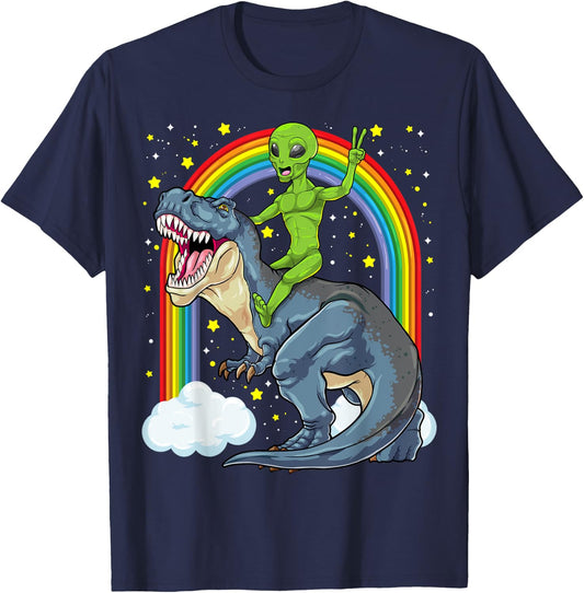 Alien Riding Dinosaur T Rex UFO Space Extraterrestrial Kids T-Shirt - T-Shirt | Navy