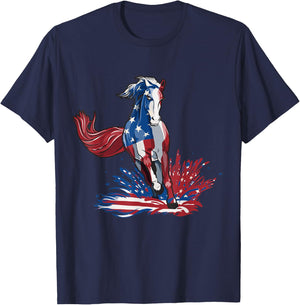 Horse 4th Of July Shirt Women Girls American Flag USA Horse T-Shirt - T-Shirt | Navy