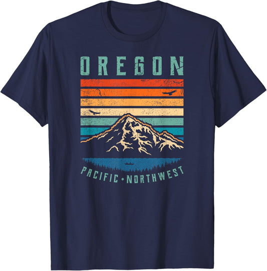 Oregon Retro T Shirt | Vintage Portland Home State Mountains T-Shirt - T-Shirt | Navy