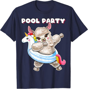 Pool Party Unicorn Float Dabbing Llama Girls Women Summer T-Shirt - T-Shirt | Navy
