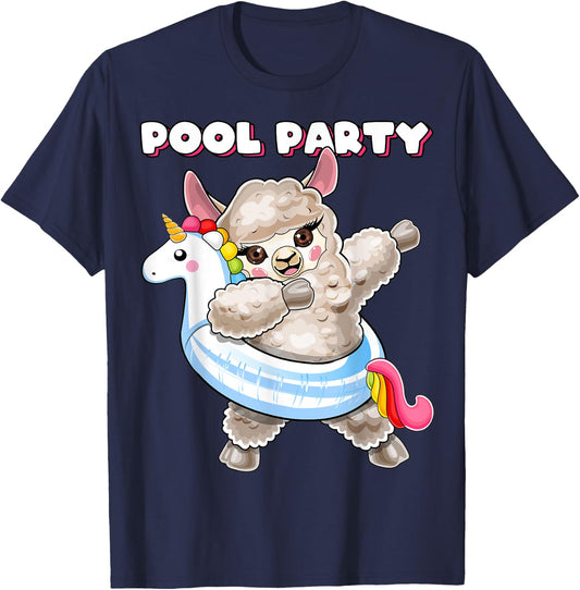 Pool Party Unicorn Float Dabbing Llama Girls Women Summer T-Shirt - T-Shirt | Navy