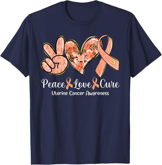 Peace Love Cure Peach Ribbon Uterine Cancer Awareness Gifts T-Shirt - T-Shirt | Navy