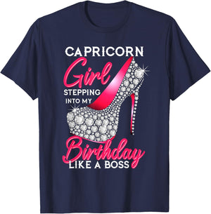 Capricorn Girl Stepping Into My Birthday Like A Boss T-Shirt - T-Shirt | Navy