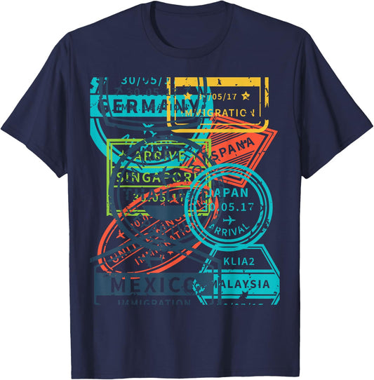 Travel Passport Stamp Pattern Novelty Cute Traveler Gifts T-Shirt - T-Shirt | Navy