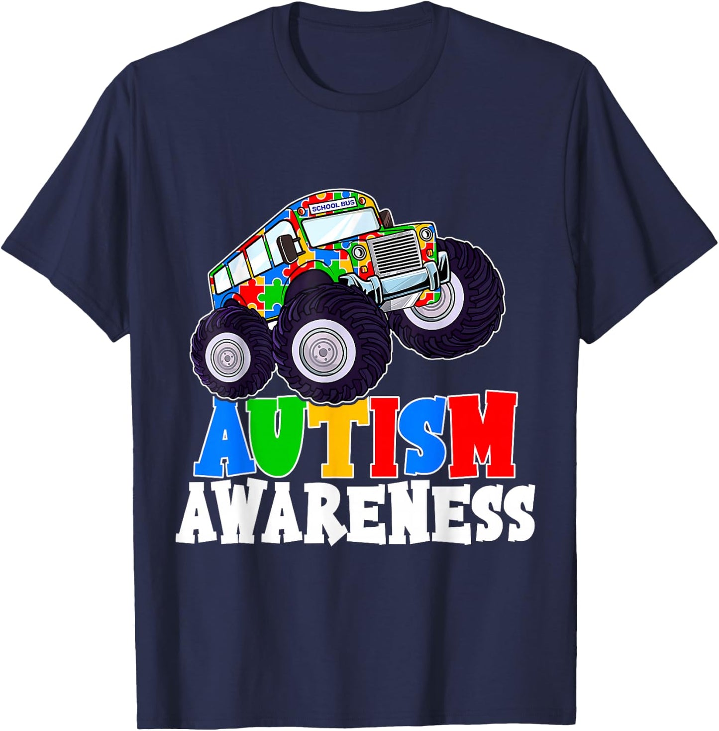Monster Truck School Bus Puzzle Piece Autism Awareness Gifts T-Shirt - T-Shirt | Navy