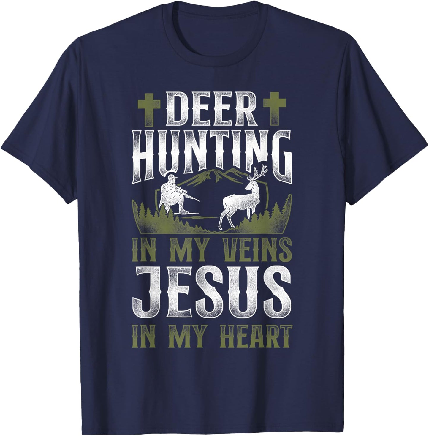 Buck Deer Hunting Hunter Jesus Faith Vintage Deer Hunting In T-Shirt - T-Shirt | Navy