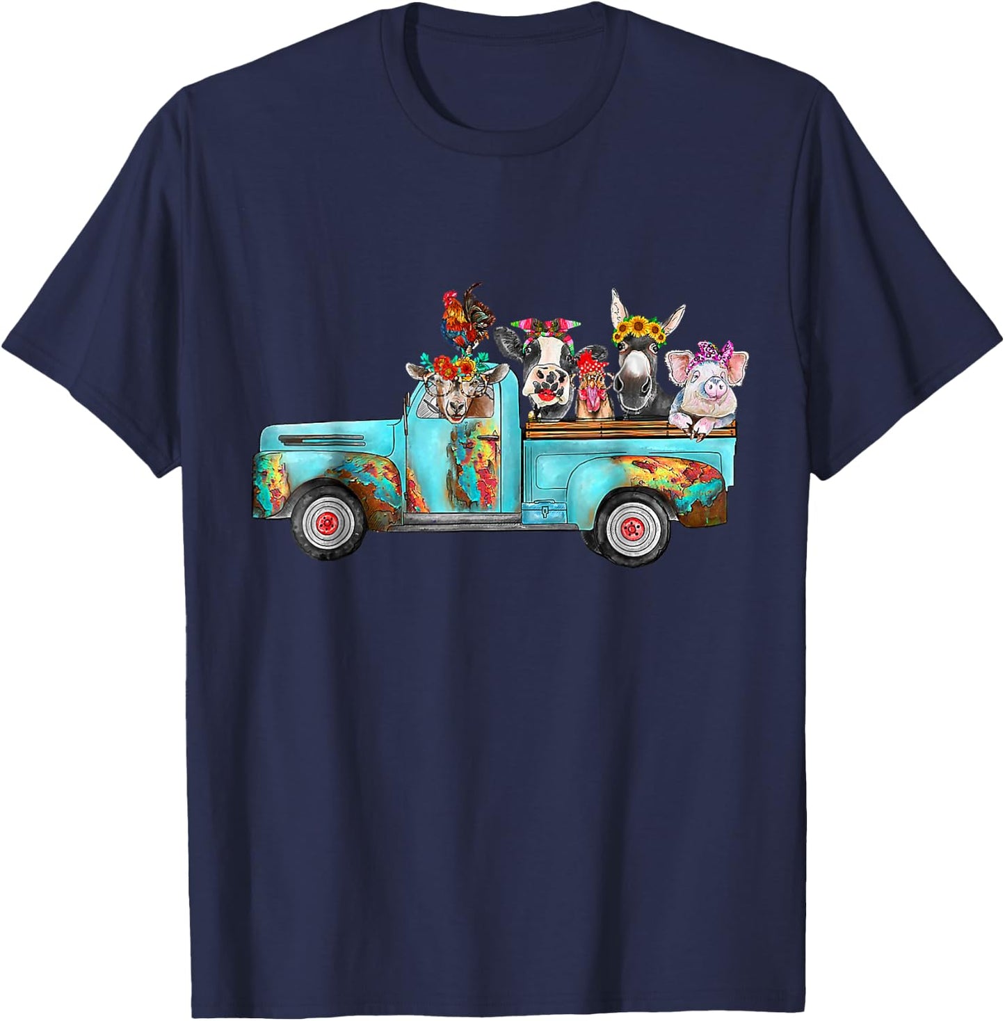 Farm Pickup Truck with Farm animals Farmer_s Wife Cow Girl T-Shirt - T-Shirt | Navy