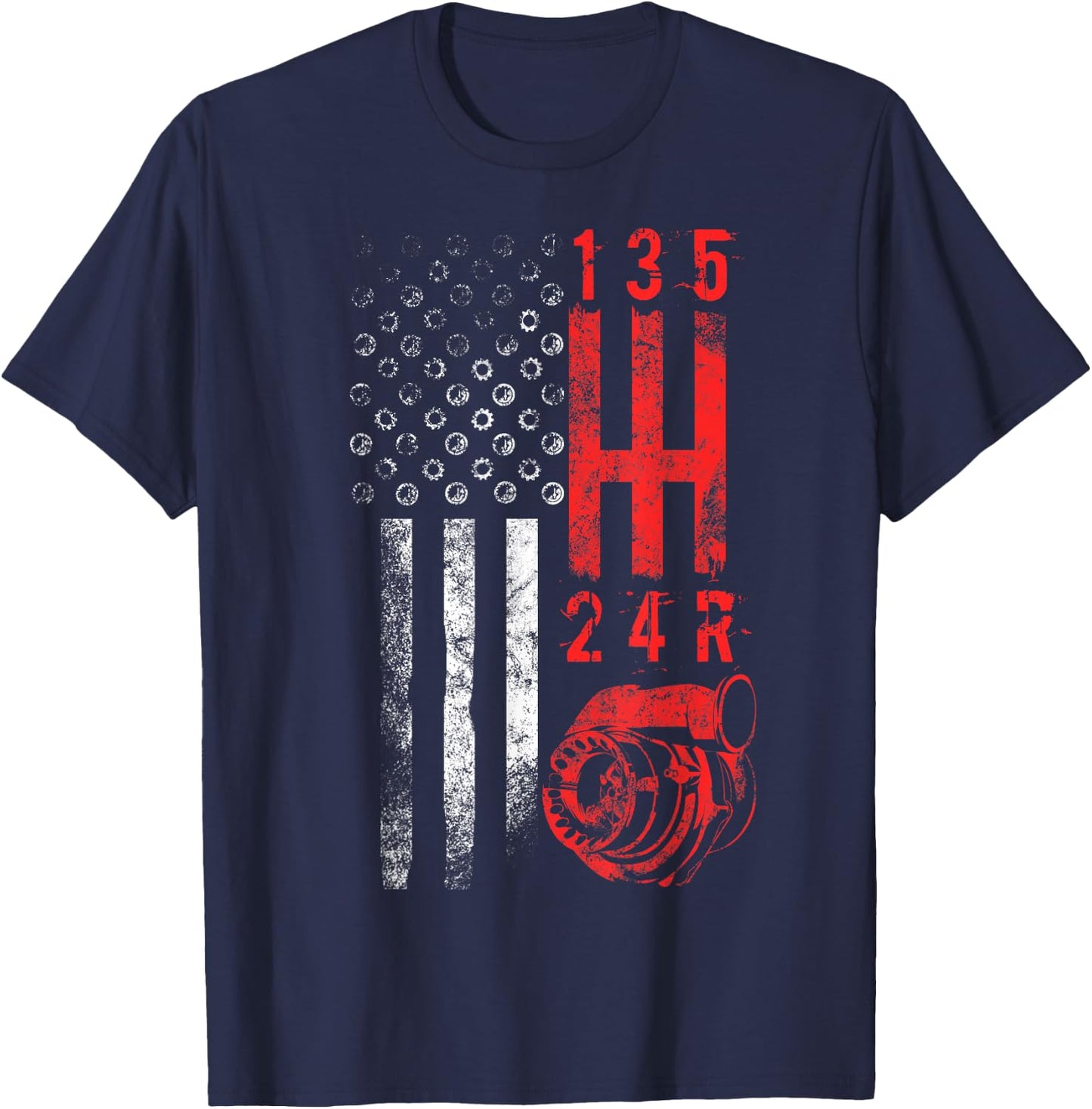 Stick Shift Mechanic USA Flag Muscle Car Manual T-Shirt - T-Shirt | Navy