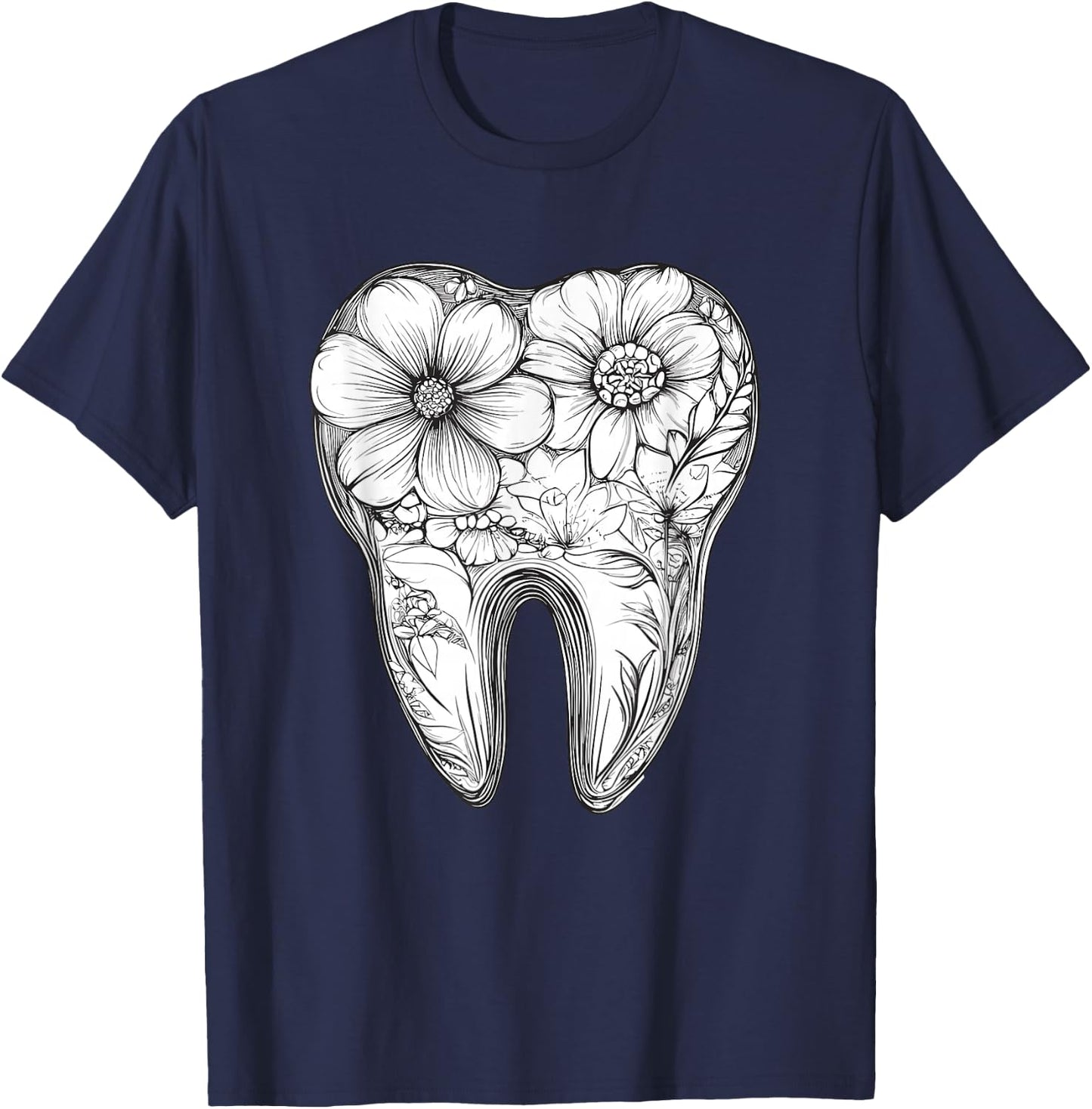 Floral Tooth with Blooming Flowers T-Shirt - T-Shirt | Navy