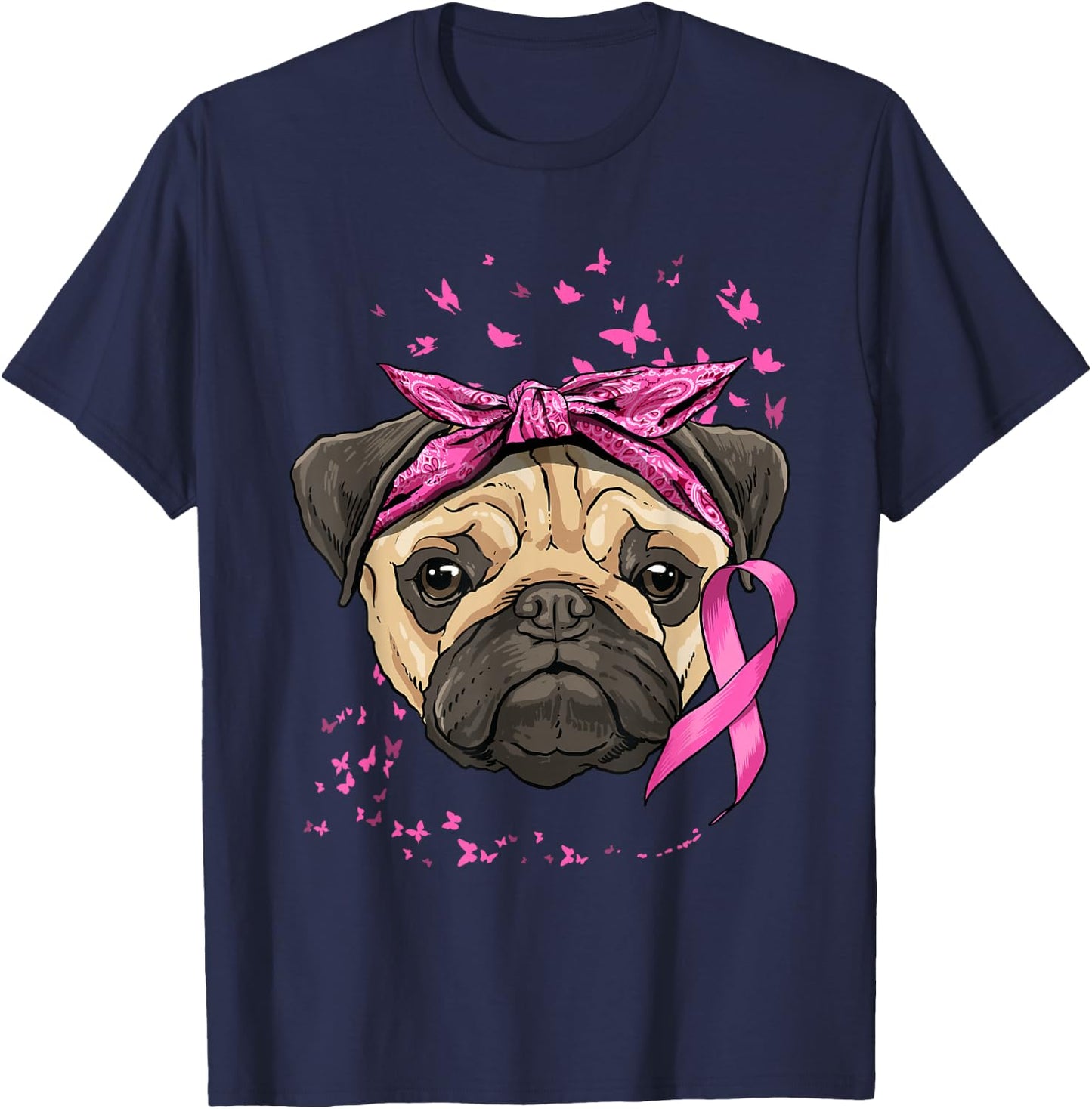 Breast Cancer Awareness Pug Dog Pink Ribbon Cancer Survivor T-Shirt - T-Shirt | Navy