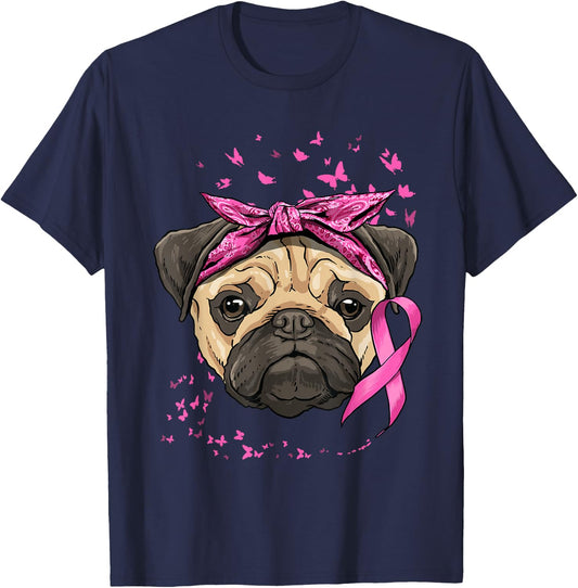 Breast Cancer Awareness Pug Dog Pink Ribbon Cancer Survivor T-Shirt - T-Shirt | Navy