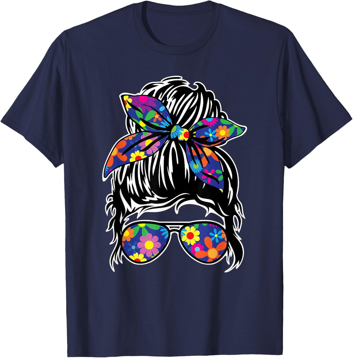 Messy Hair Bun with Bandana Ribbon and Sunglasses Design T-Shirt - T-Shirt | Navy