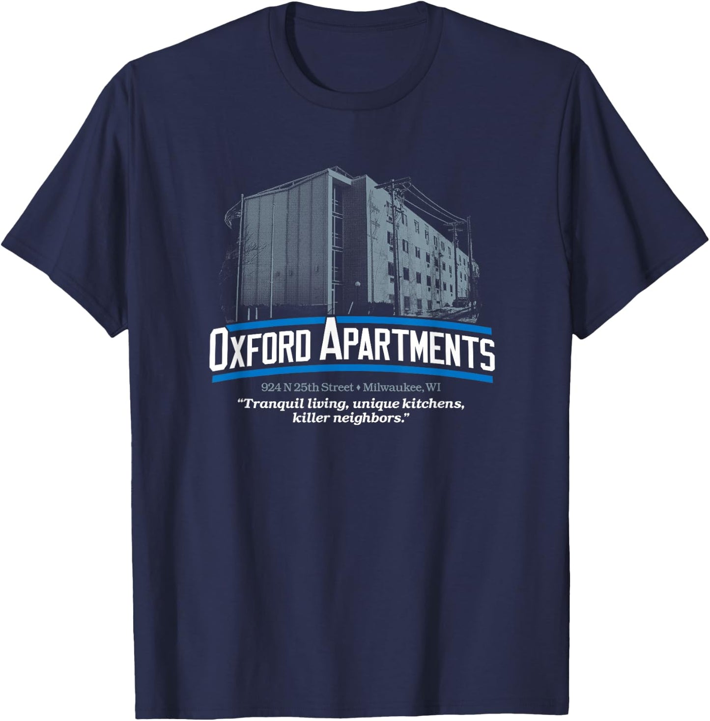Oxford Apartments Milwaukee, WI - True Crime History 80s 90s T-Shirt - T-Shirt | Navy