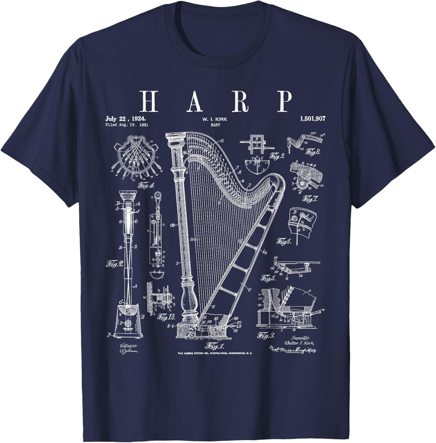 Harp Vintage Patent Harpist Drawing Print T-Shirt - T-Shirt | Navy