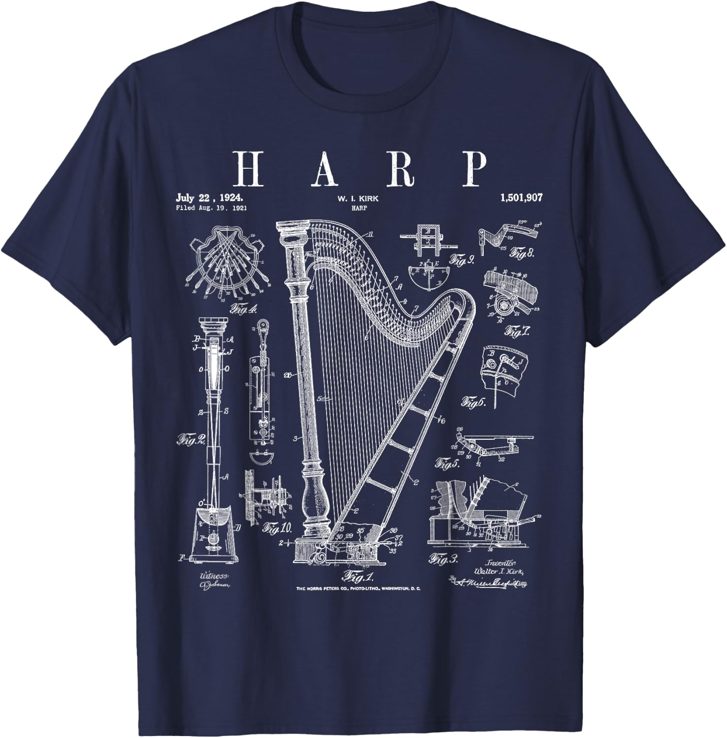 Harp Vintage Patent Harpist Drawing Print T-Shirt - T-Shirt | Navy