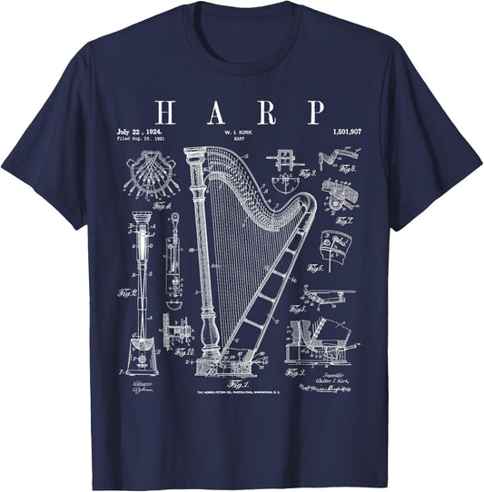 Harp Vintage Patent Harpist Drawing Print T-Shirt - T-Shirt | Navy