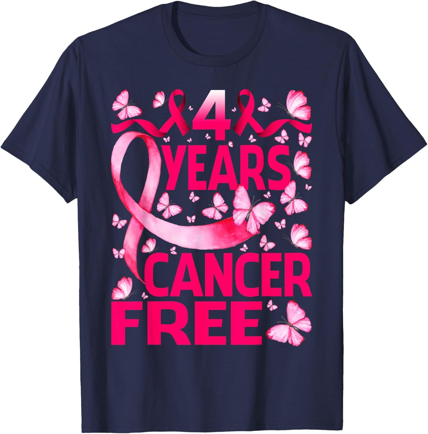 4 Years Breast Cancer Free Survivor Butterfly T-Shirt - T-Shirt | Navy