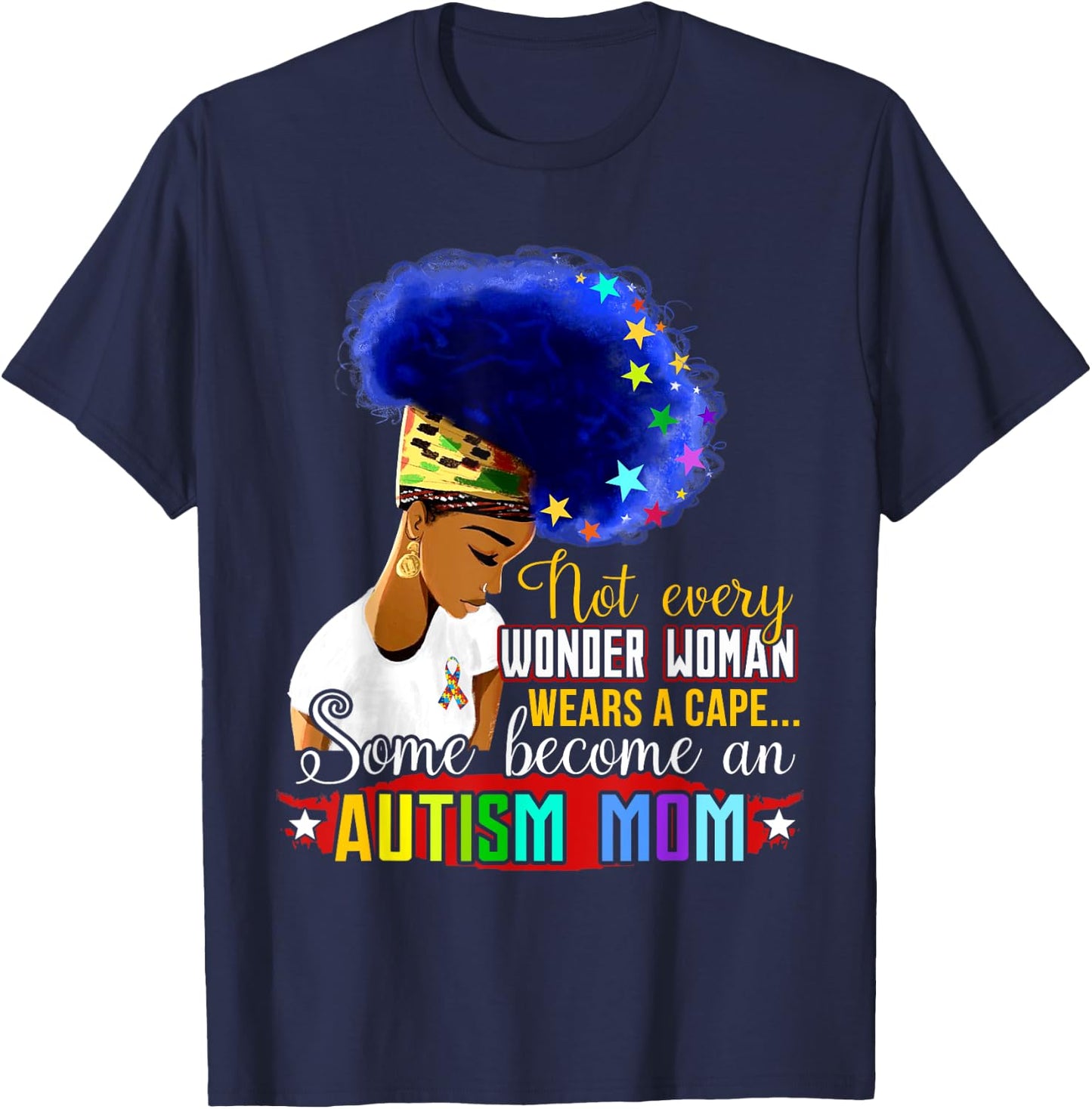 Black Afro American Autism Awareness Mom Rainbow Sparkle T-Shirt - T-Shirt | Navy
