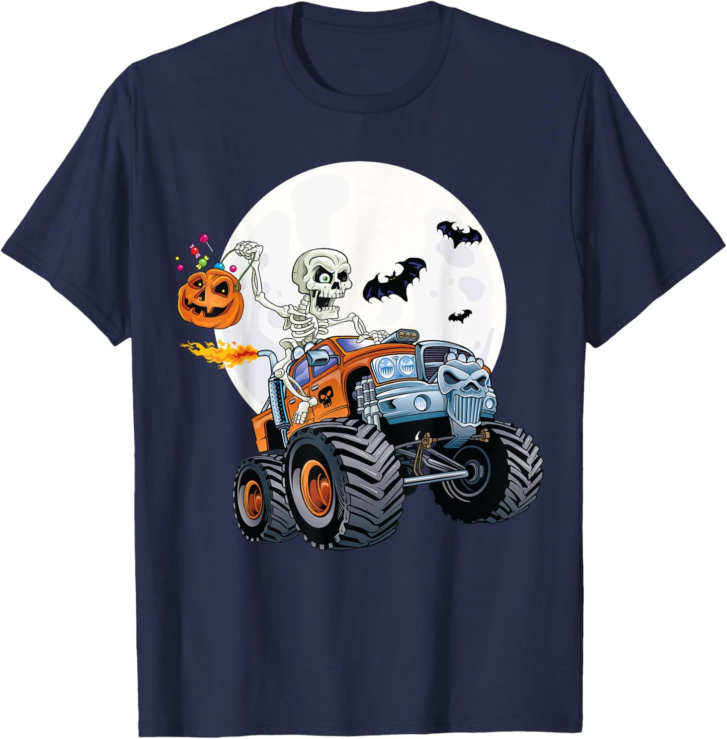 Skeleton Monster Truck Creepy Halloween Jack O Lantern Kids T-Shirt - T-Shirt | Navy