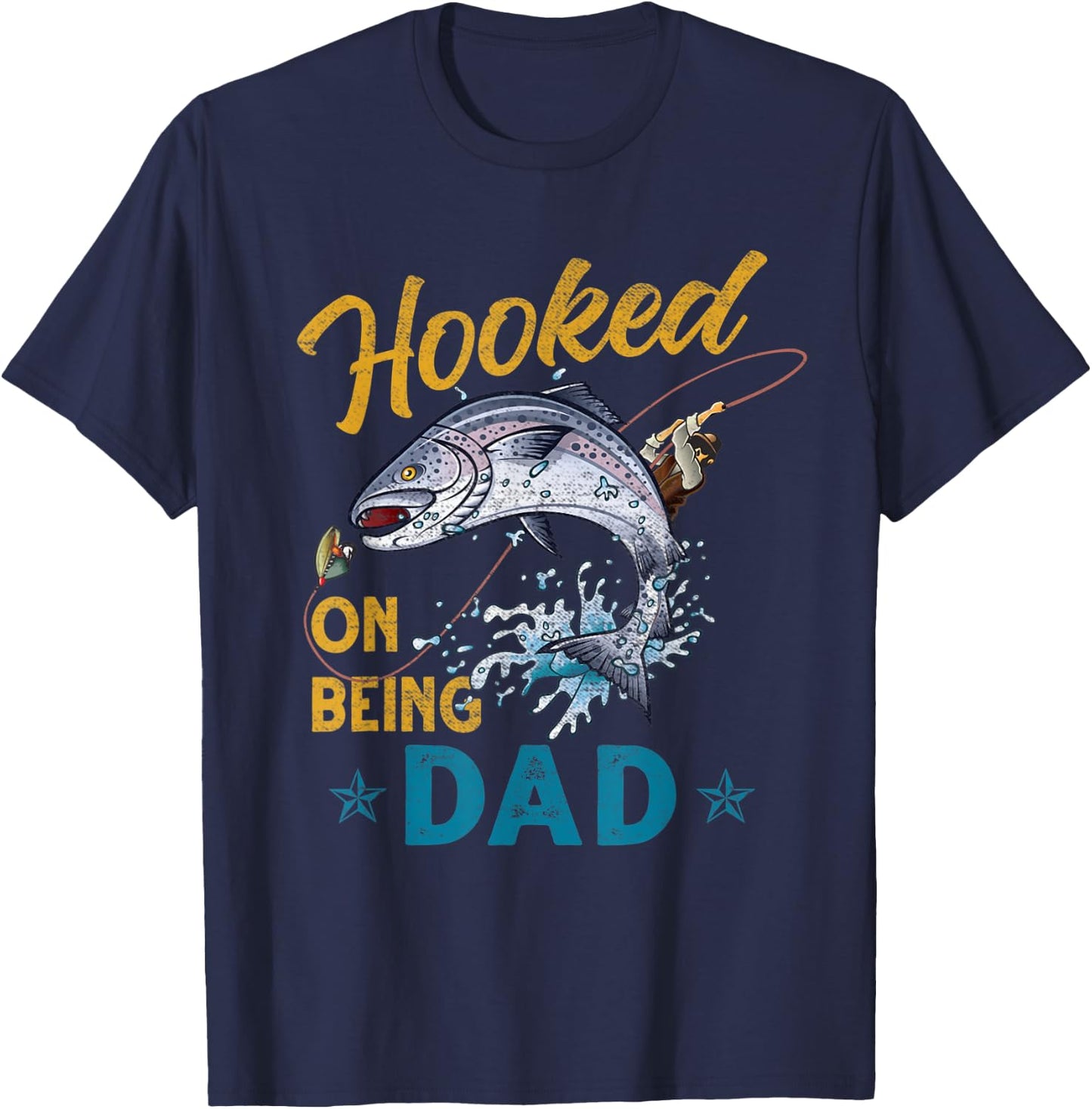 Vintage Hooked On Being Dad Funny Fishing Fathers Day T-Shirt - T-Shirt | Navy
