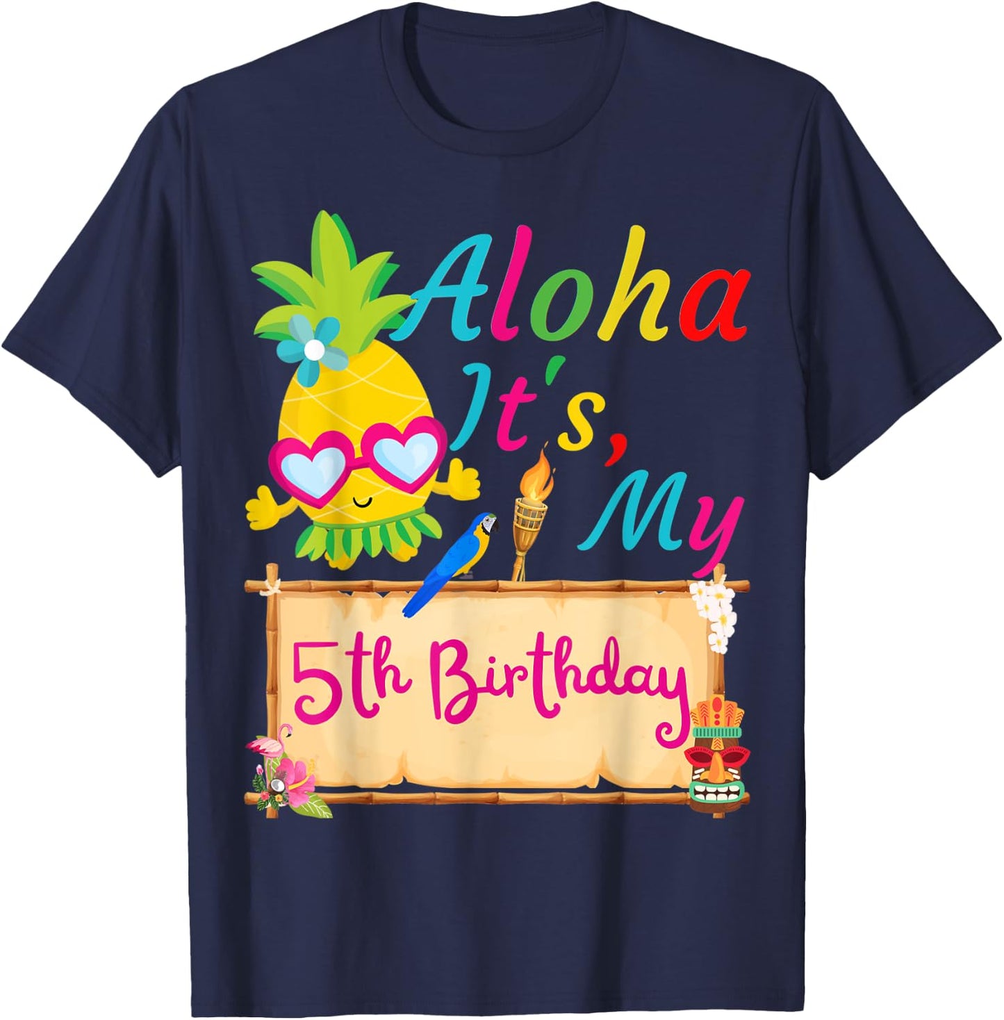Aloha It's My 5th Birthday Hawaii 5 Years Girl Luau Candles T-Shirt - T-Shirt | Navy