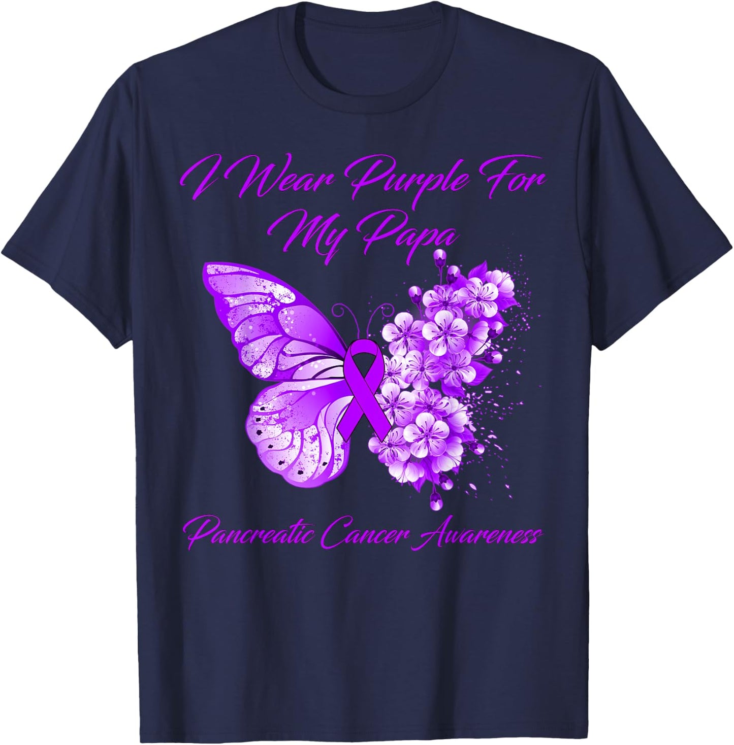 Butterfly I Wear Purple For My Papa Pancreatic Cancer T-Shirt - T-Shirt | Navy
