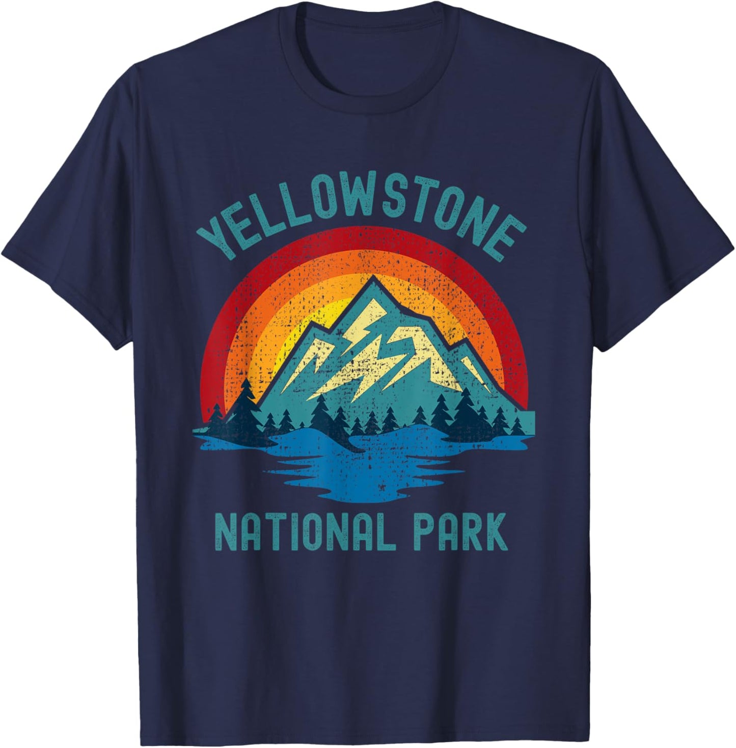 Yellowstone National Park Vintage Sunset Retro Hiking Camp T-Shirt - T-Shirt | Navy