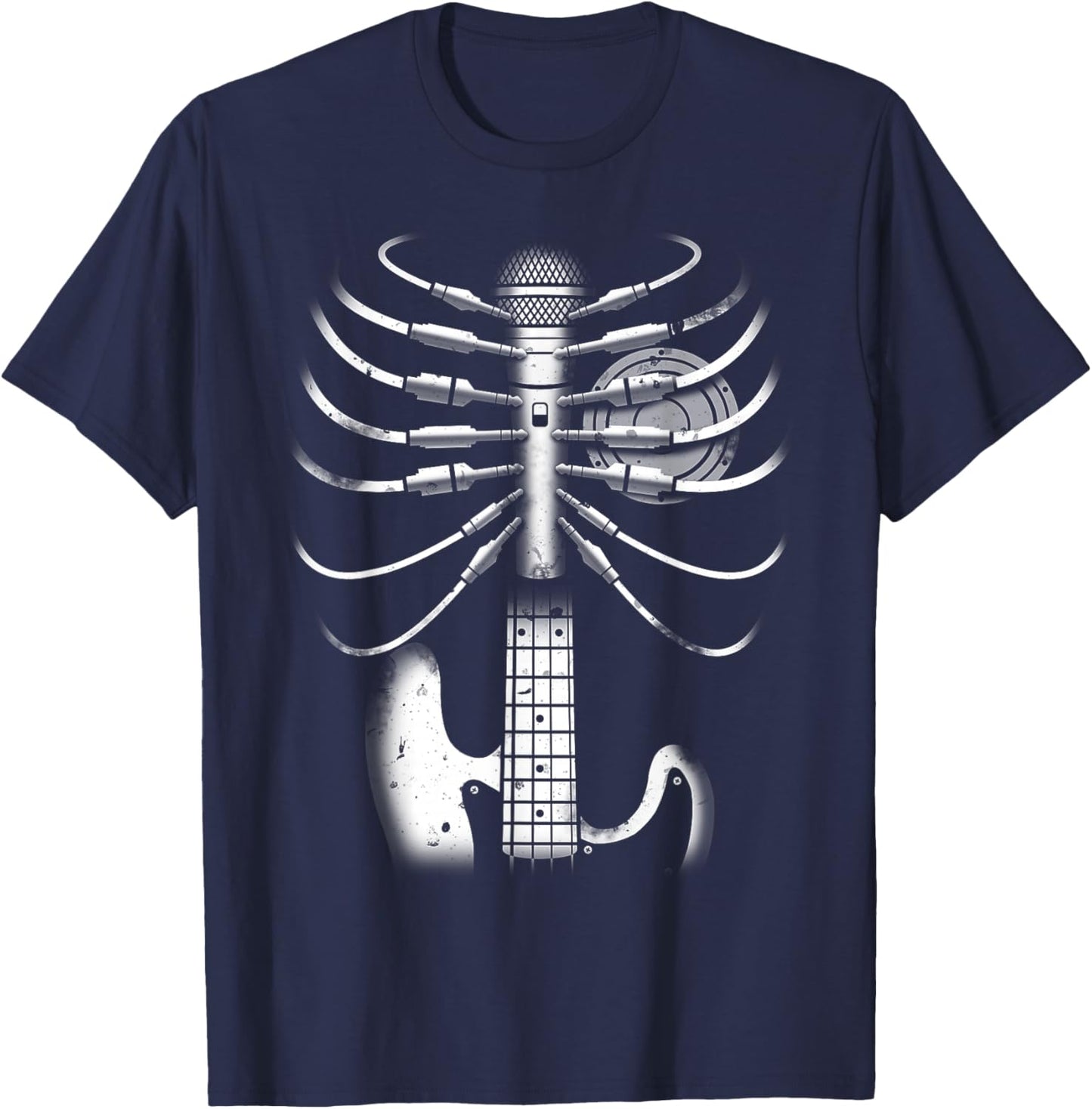 Music Skeleton Cool Guitar Microphone Speaker Heart Musician T-Shirt - T-Shirt | Navy