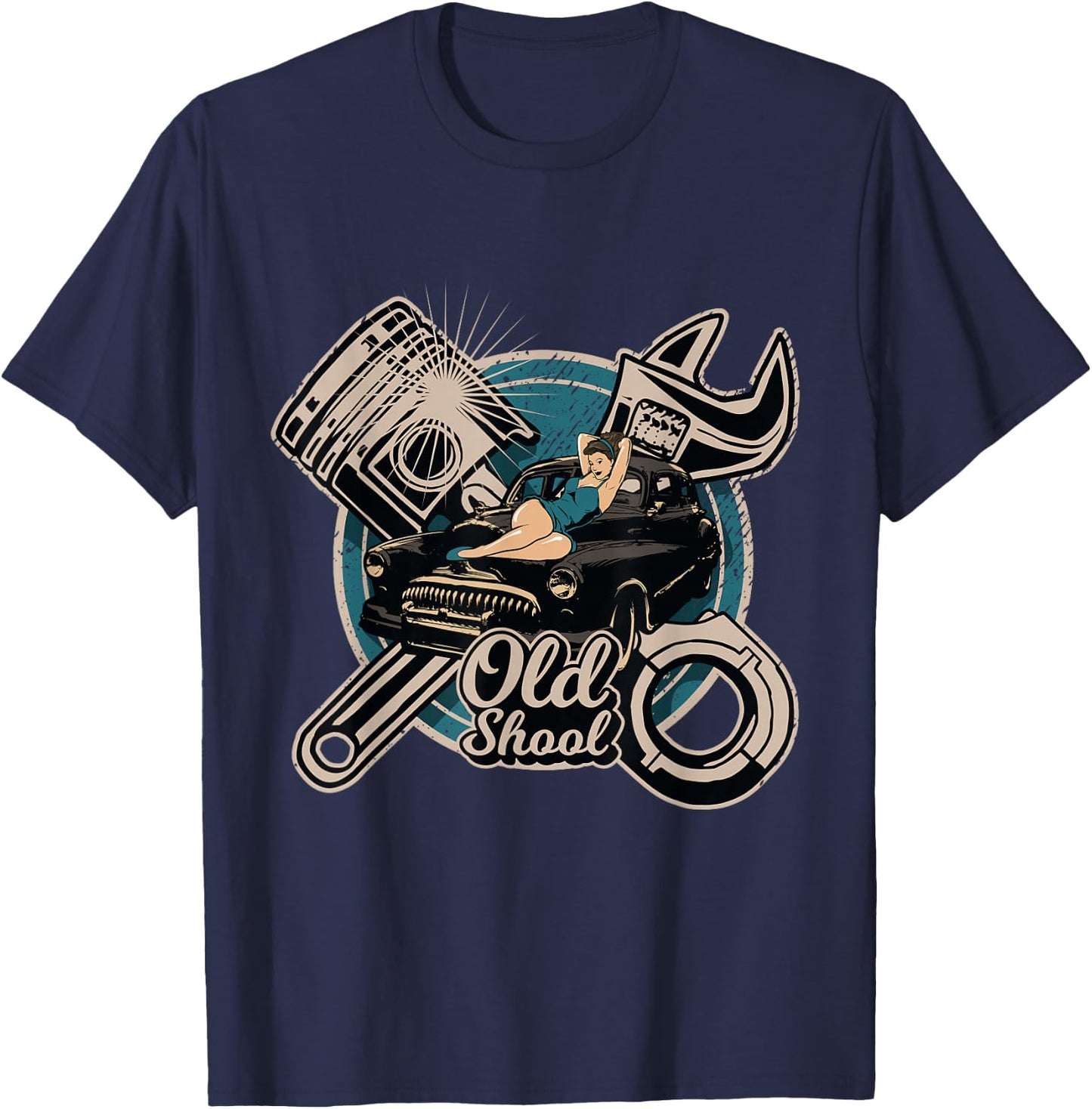 Rock n Roll Rockabilly Old School Car Auto Truck Mechanic T-Shirt - T-Shirt | Navy
