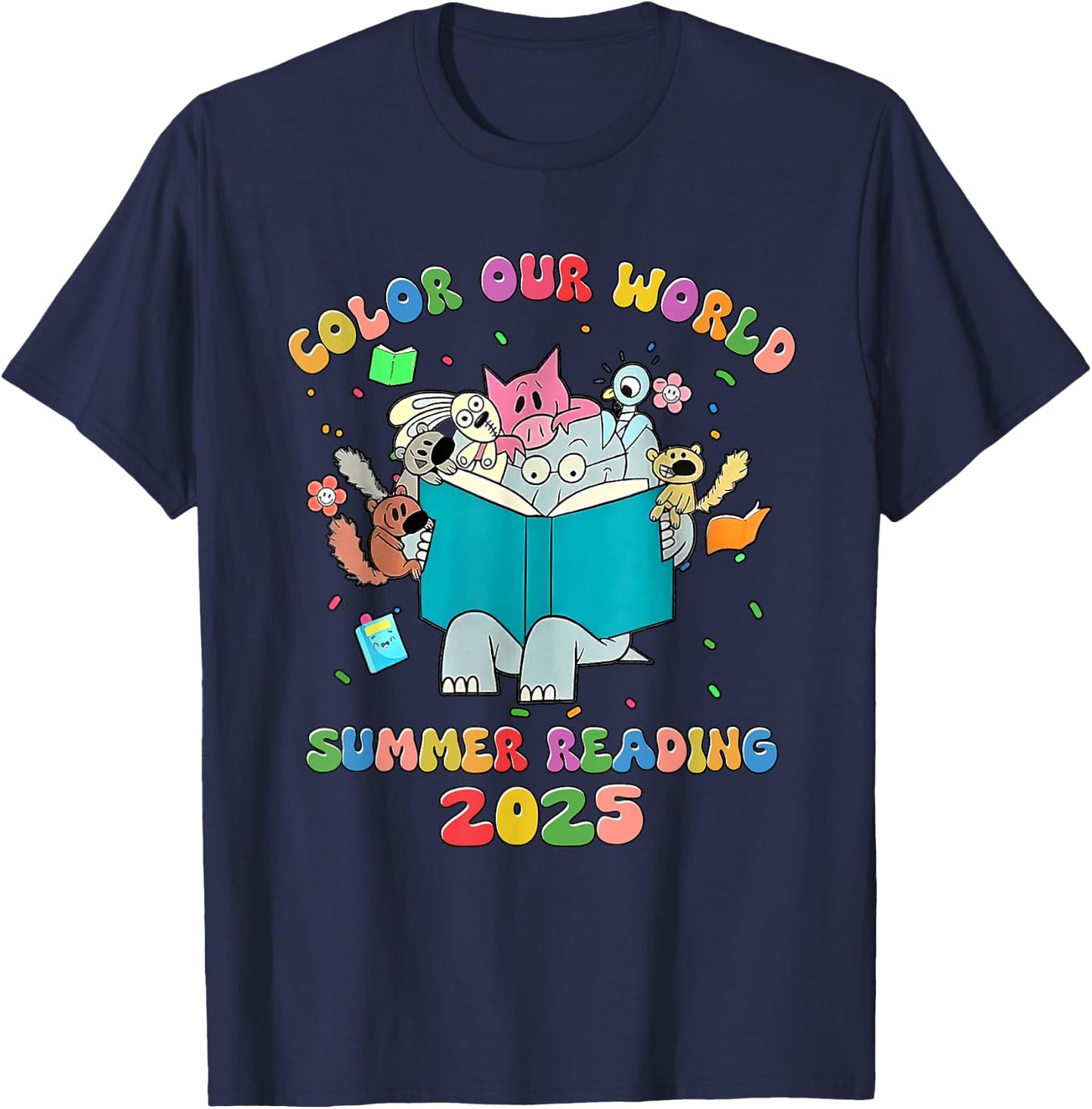 Color Our World Summer Reading 2025 Librarian Book Animals T-Shirt - T-Shirt | Navy