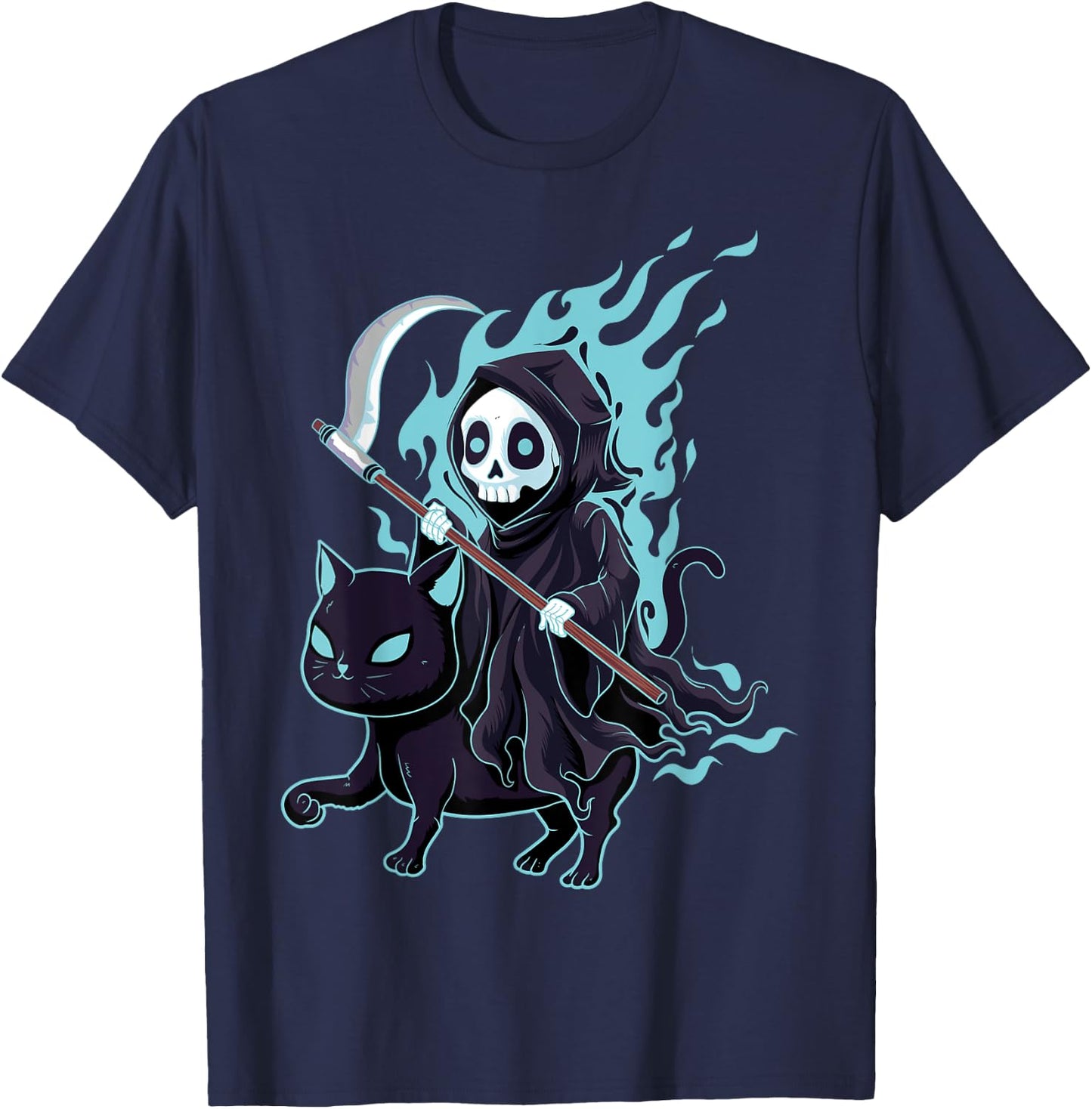 Grim Reaper Black Cat Demonic Evil Devil Occult Satanic T-Shirt - T-Shirt | Navy