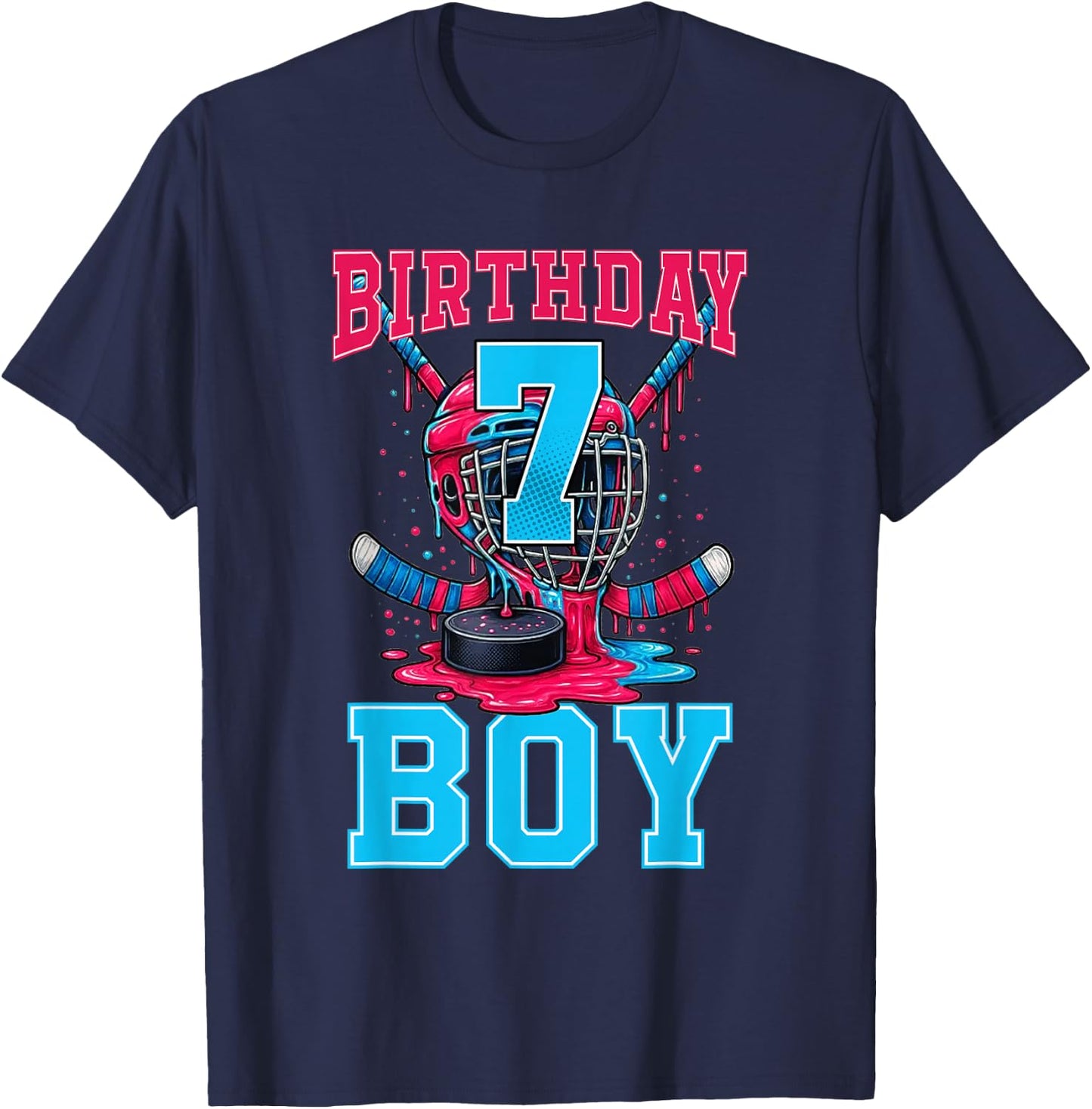 Hockey 7 Year Old Ice Cream Drip 7th Birthday Boy Party T-Shirt - T-Shirt | Navy