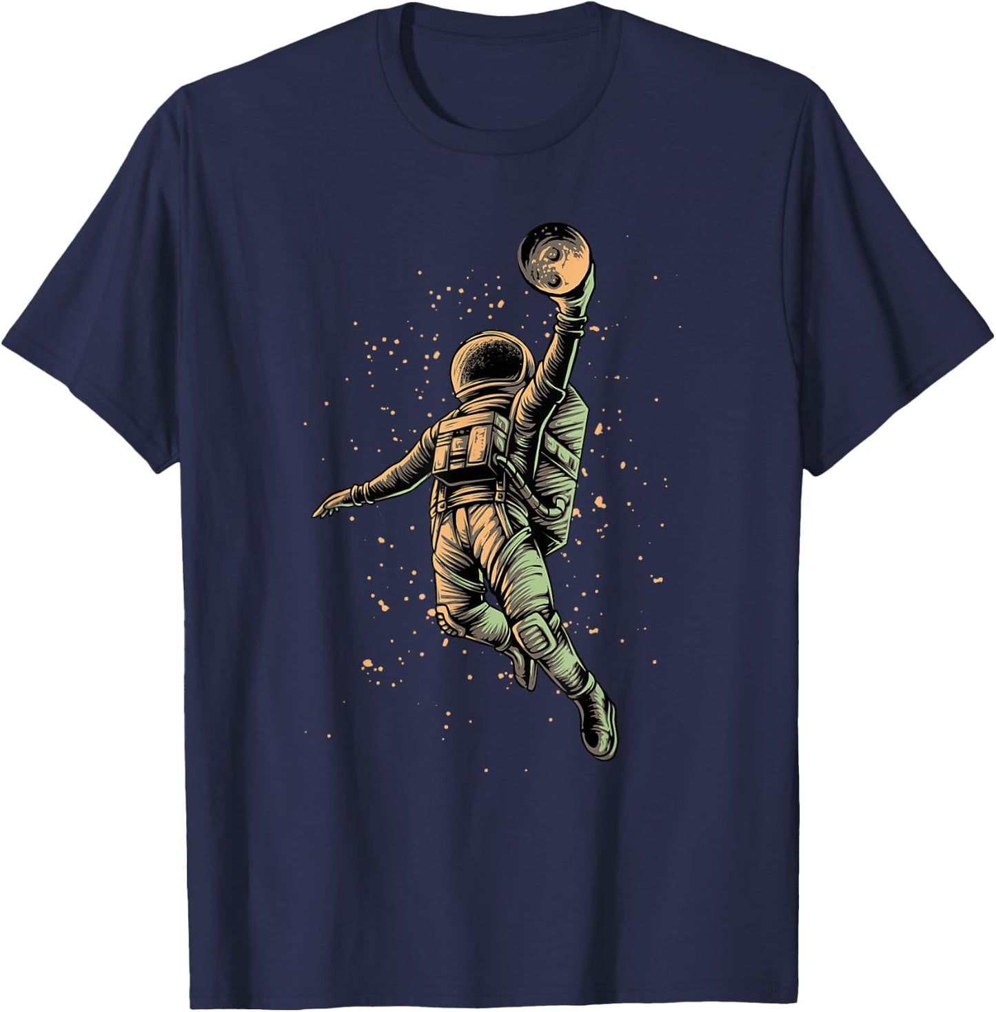 Astronaut Playing Basketball Slam Dunking Moon in Space T-Shirt - T-Shirt | Navy