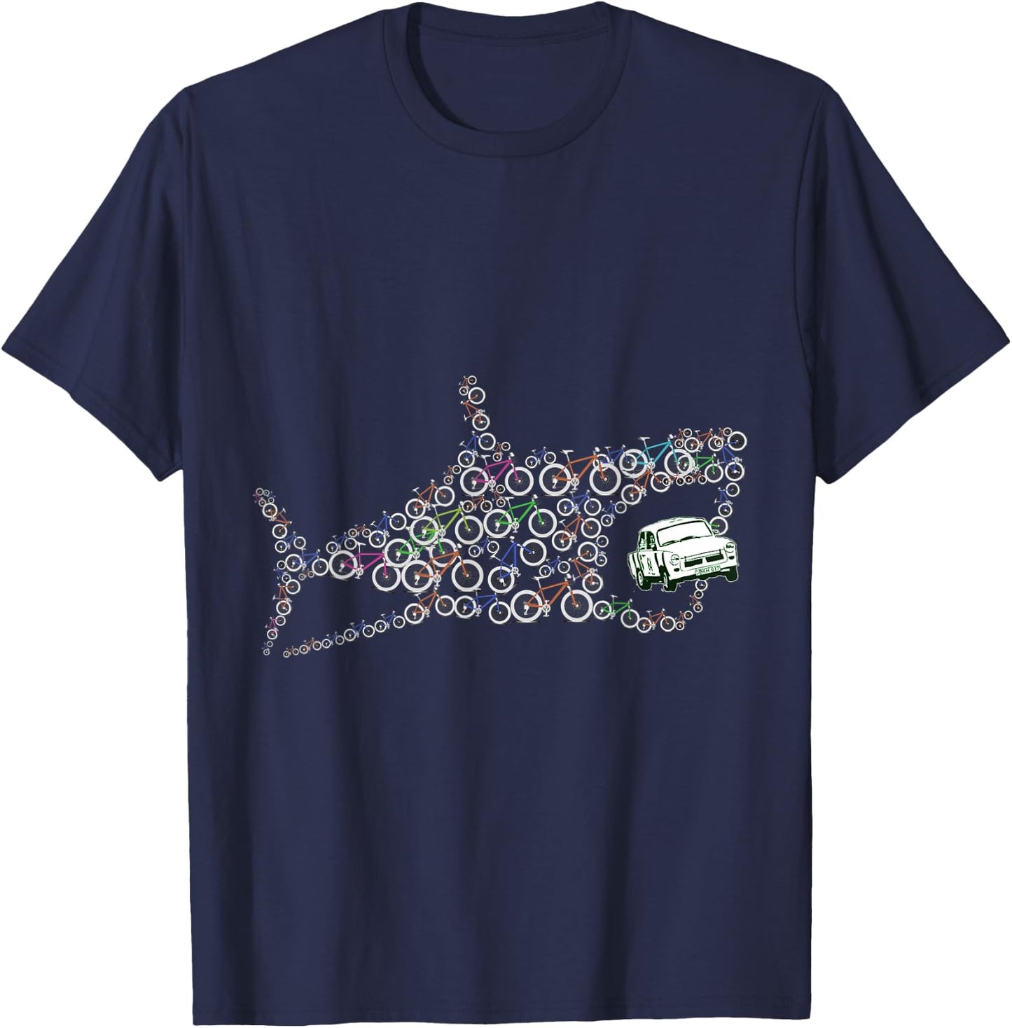 Retro Fish Bicycle Shark Eats Car Art Bicycle Lover Cyclists T-Shirt - T-Shirt | Navy