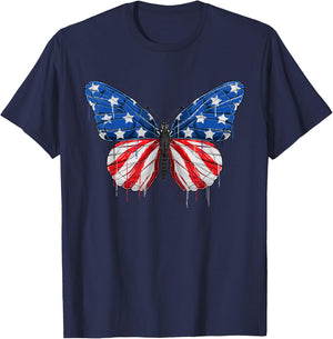 Butterfly USA Flag 4th of July Girl US T-Shirt - T-Shirt | Navy