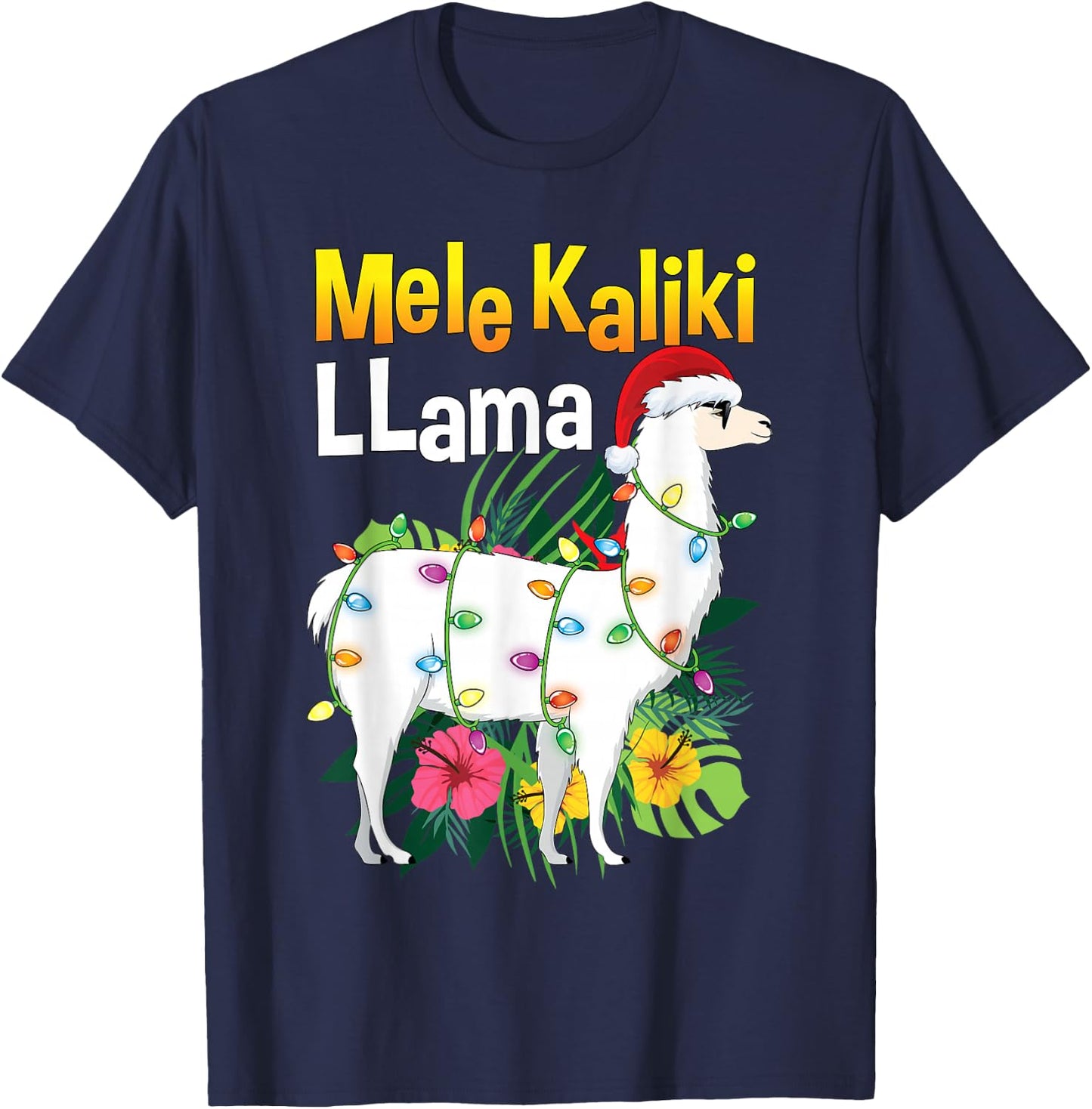 Mele Kalikimaka Christmas Shirt Hawaiian Llama X-Mas Lights T-Shirt - T-Shirt | Navy