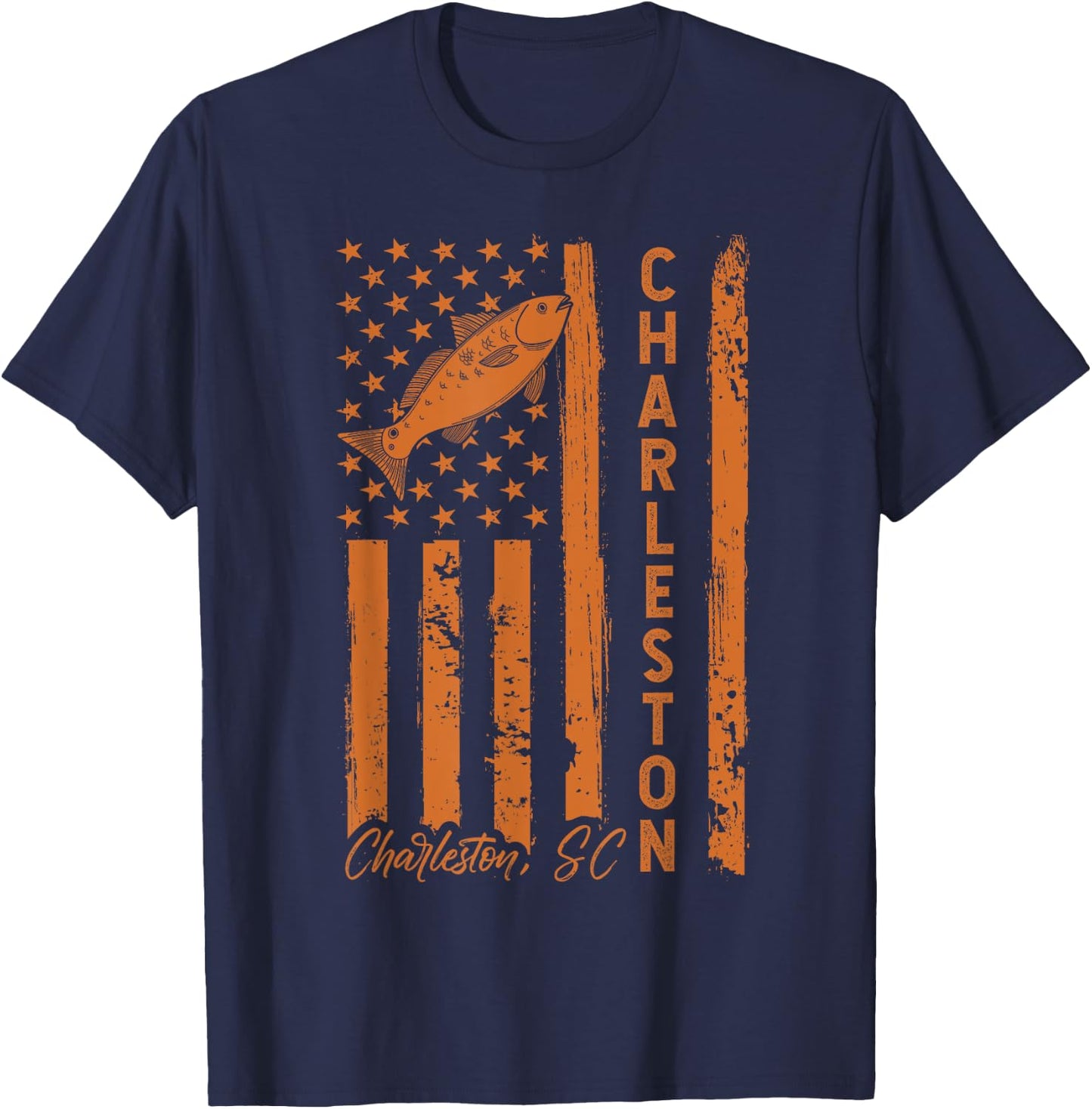 Charleston SC for Redfish Fishing Fishermen USA Flag T-Shirt - T-Shirt | Navy