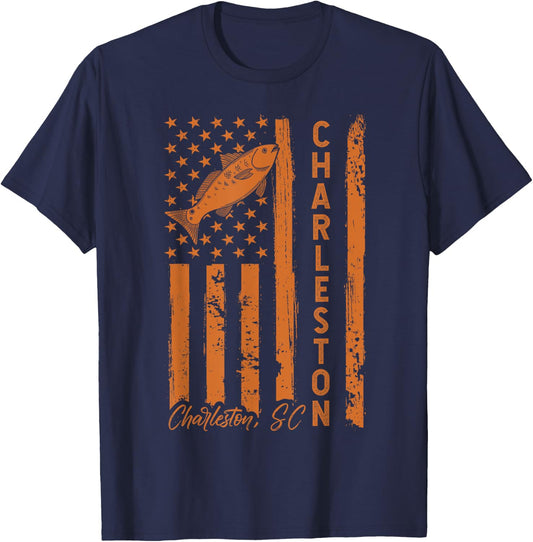 Charleston SC for Redfish Fishing Fishermen USA Flag T-Shirt - T-Shirt | Navy